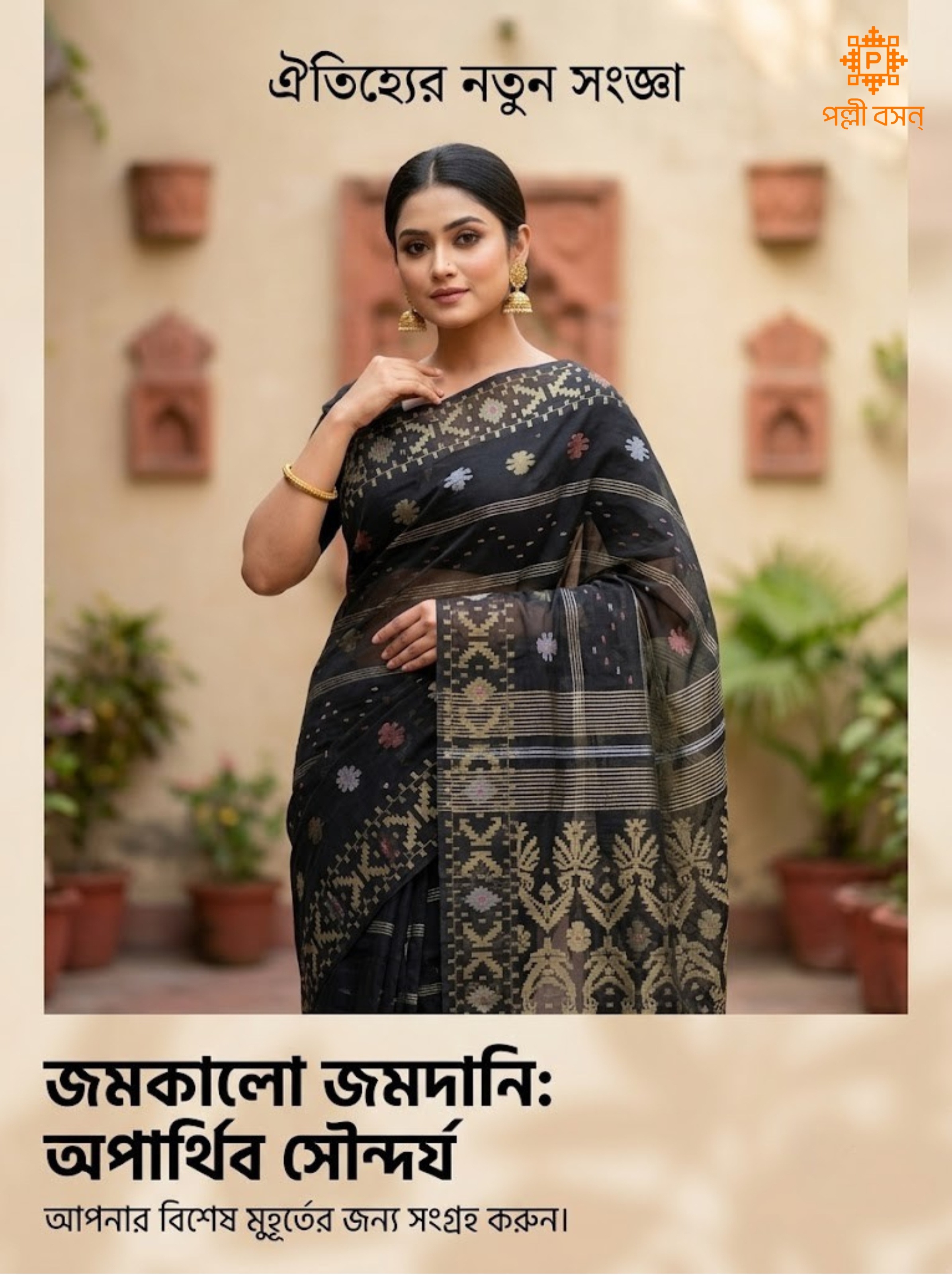 Elegant Black Handloom Jamdani Cotton Saree with Zari Border